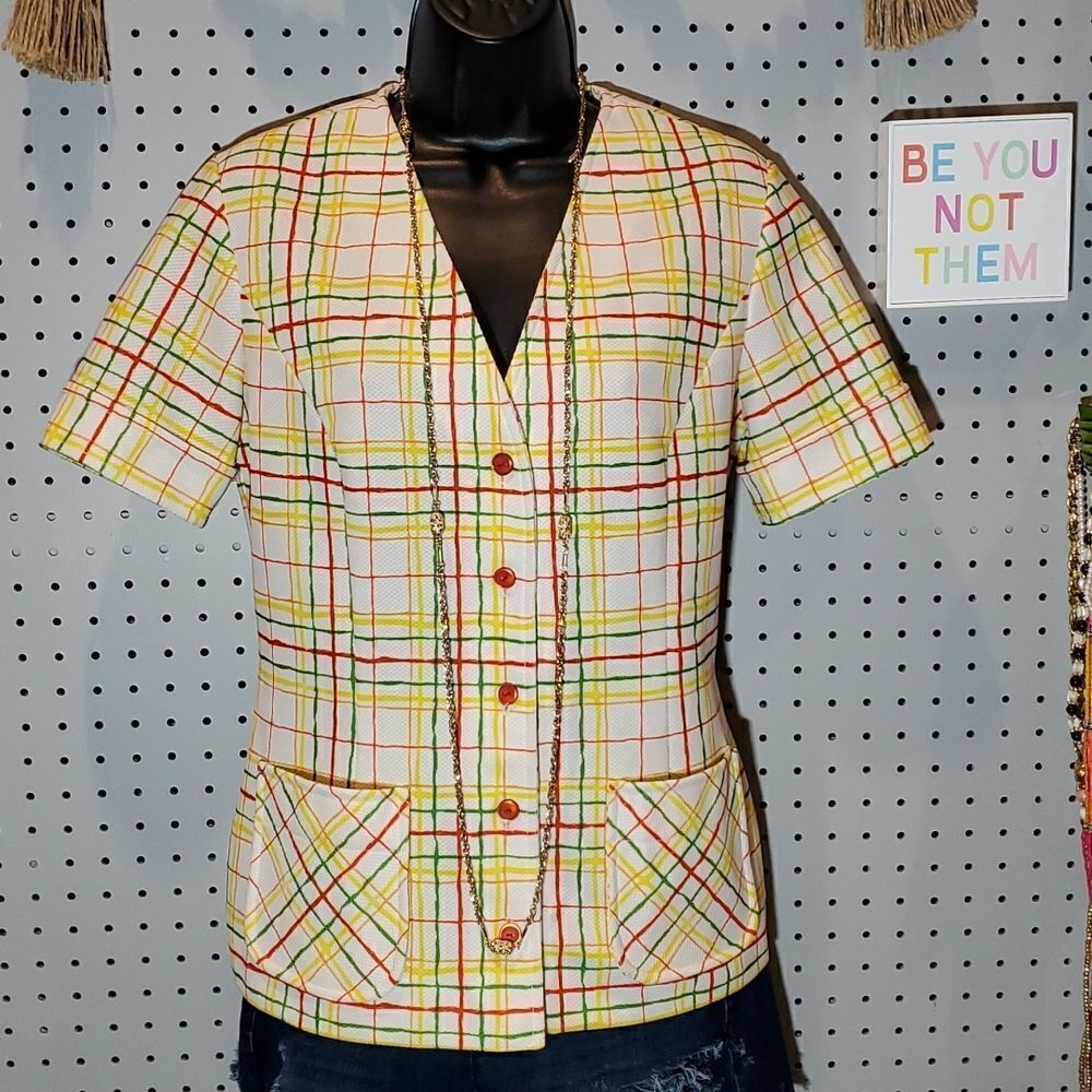 Vintage Handmade Bright Color Plaid Button Up Blouse, Sz L? Unique & Fun